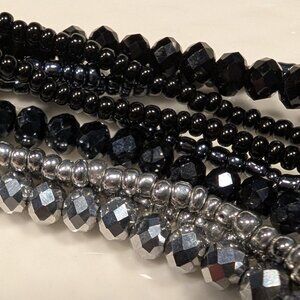 Black Glass & Crystal Bead Necklace 9 Strands of Beads